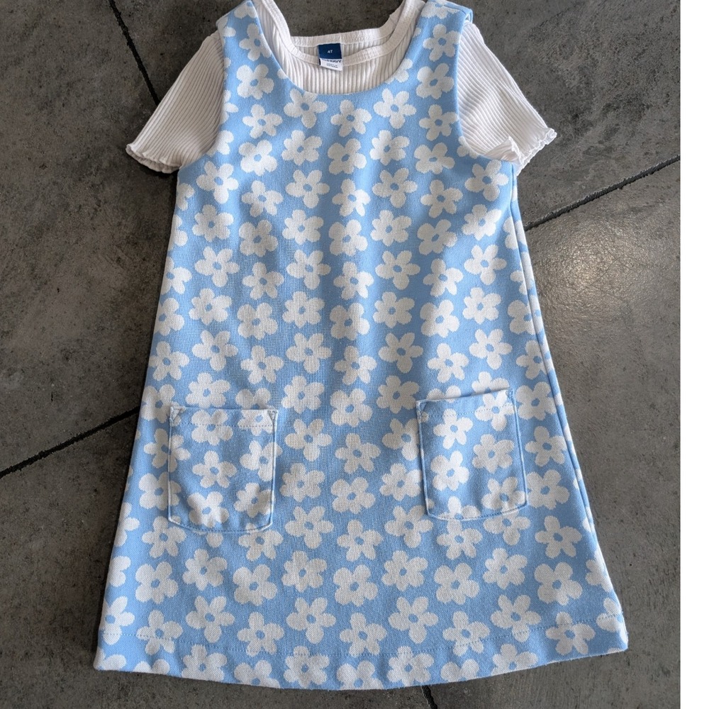 Old Navy Girls Blue Floral Pinafore‎ Dress with White Ribbed Tee Set Size4T